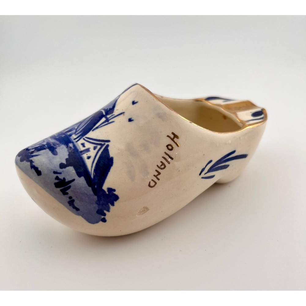 Delfts Blauw Clog Shoe Ashtray Unisex OS Blue Excellent Windmill Gold Trim